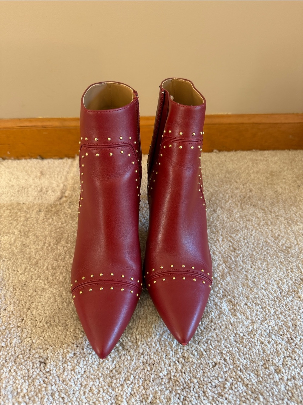 Calvin Klein Burgundy Pointed-Toe Studded Ankle Boots